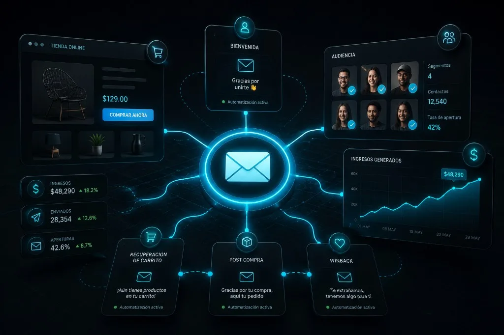 Automated email marketing system with welcome, cart recovery, post-purchase and winback flows