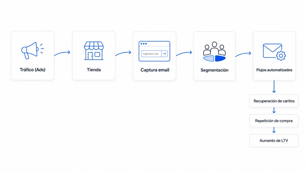 Diagrama del sistema: tráfico de ads, tienda, captura de email, segmentación y flujos automatizados hacia recuperación, repetición y LTV.