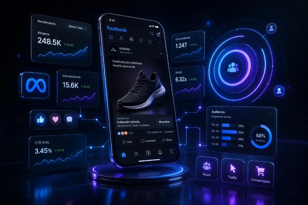 Anuncio de Facebook Ads en celular rodeado de métricas de alcance, ROAS y conversiones