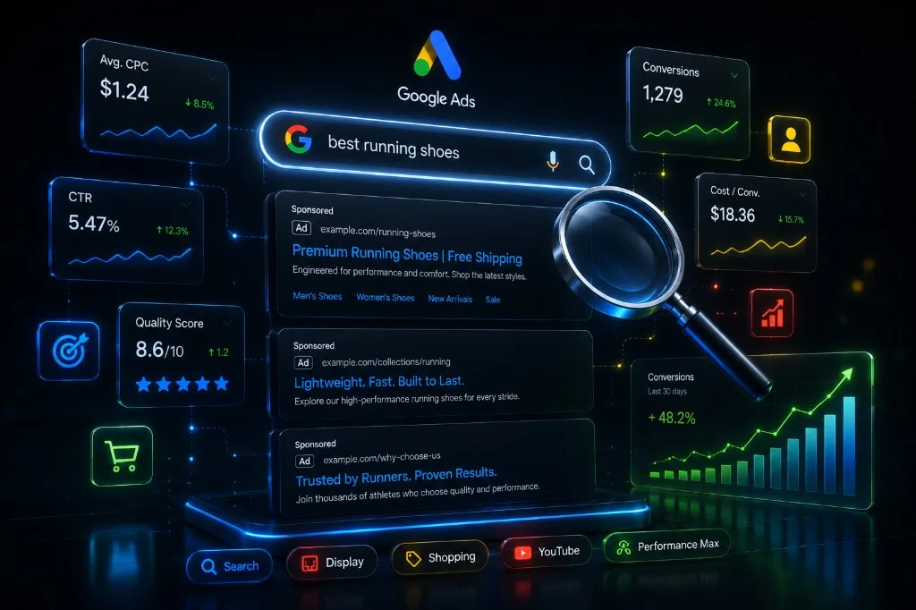 Resultados patrocinados de Google Ads con métricas de CPC, CTR y conversiones en crecimiento