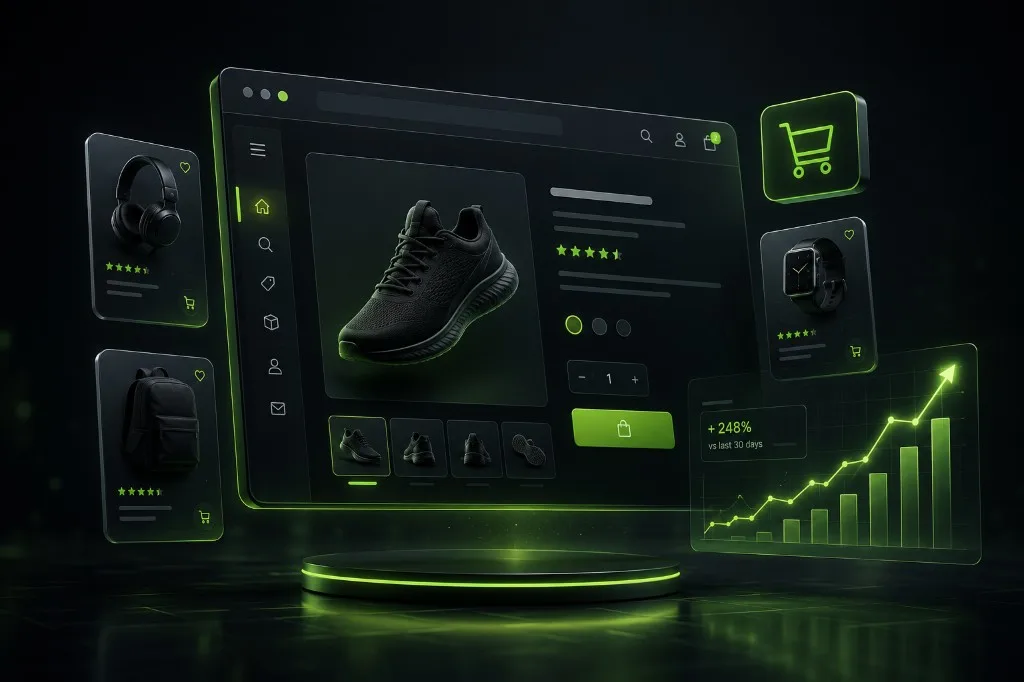 Tienda Shopify en dark mode con métricas de ventas en crecimiento